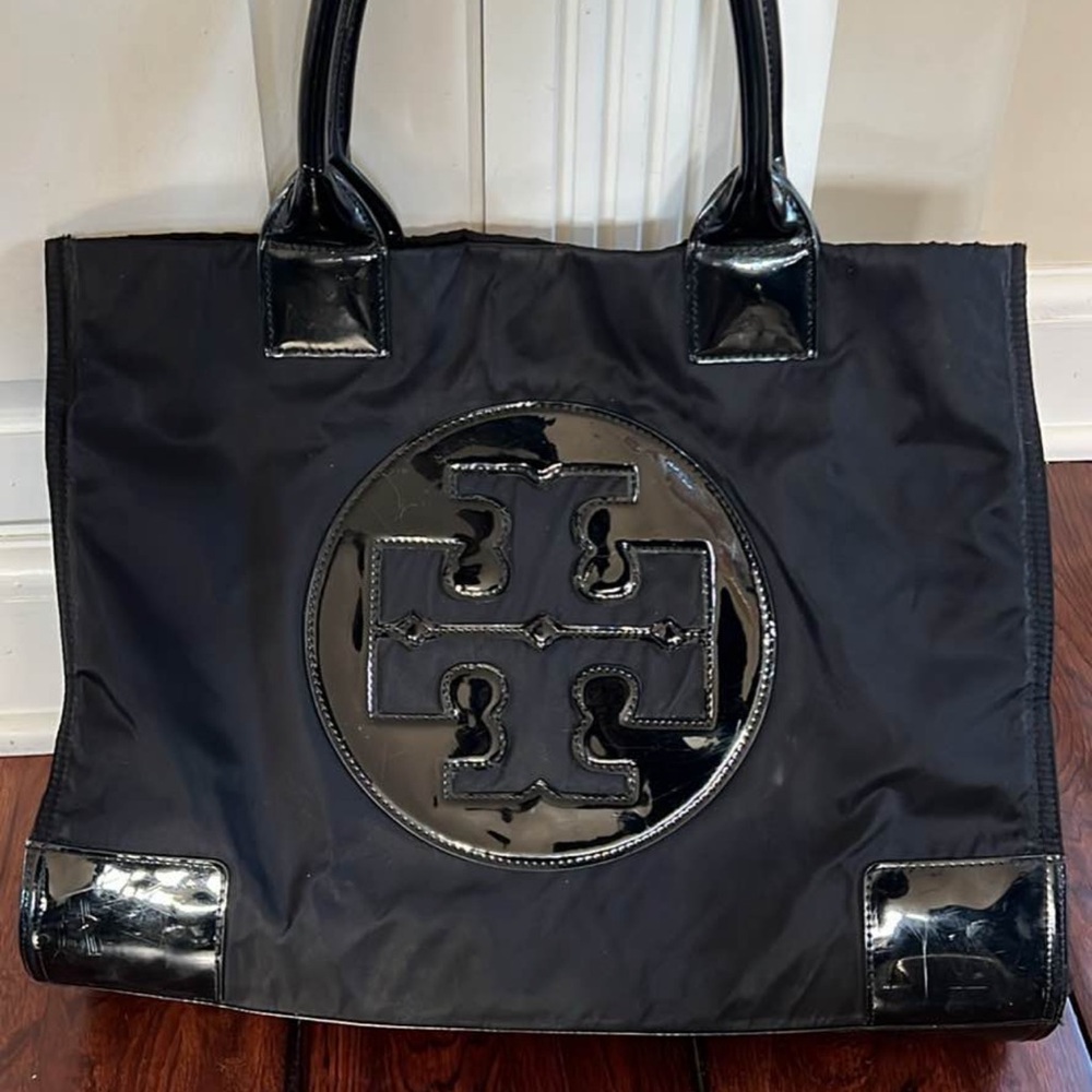 Tory Burch Black Patent Logo Tote